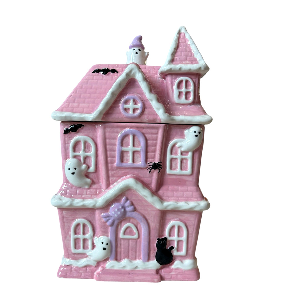 Pink Halloween HAUNTED HOUSE Cookie Jar by Booville Ceramic Spooky Boo New